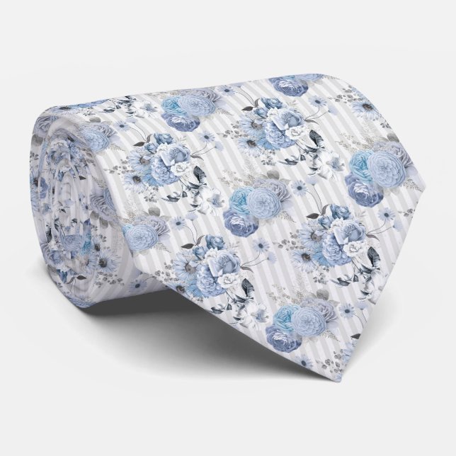 Dusty Blue Florals & Stripes - Neck Tie (Rolled)