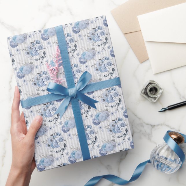 Dusty Blue Florals & Stripes - Wrapping Paper Roll (Gifting)