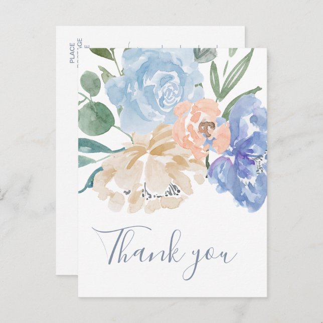 Dusty Blue Florals Thank You Postcard (Front/Back)
