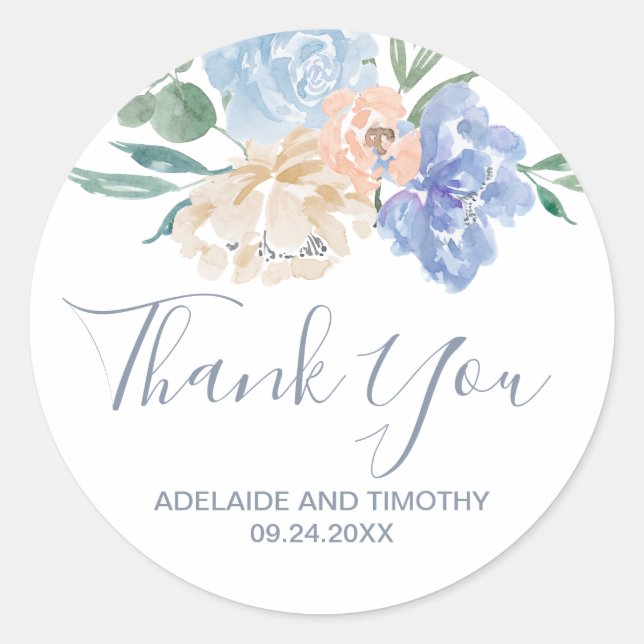 Dusty Blue Florals Thank You Wedding Favor Classic Round Sticker (Front)