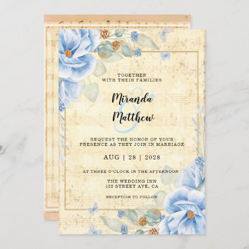 Dusty Blue Florals Vintage Sheet Music Wedding Invitation