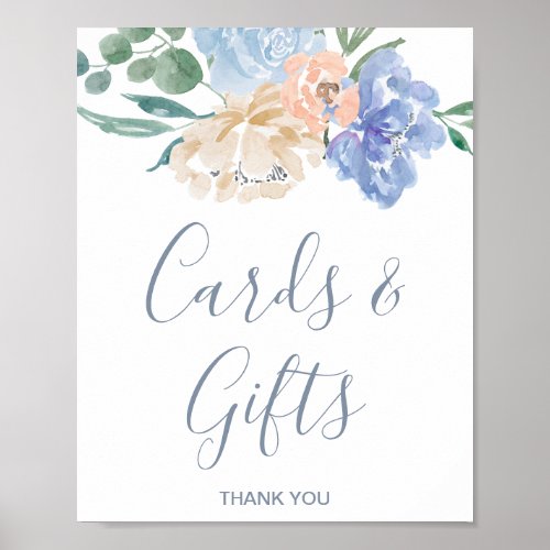 Dusty Blue Florals Wedding Cards and Gifts Sign