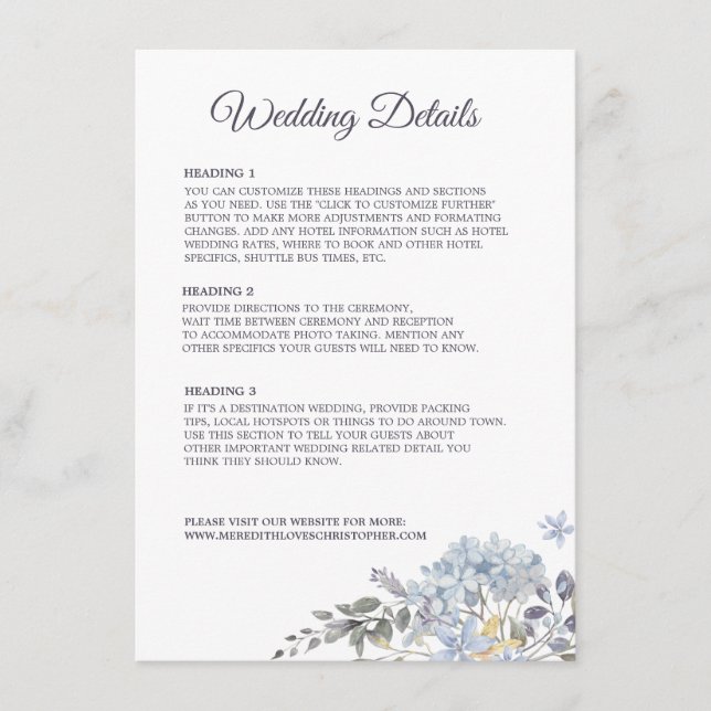 Dusty Blue Florals Wedding Details Enclosure Card (Front)