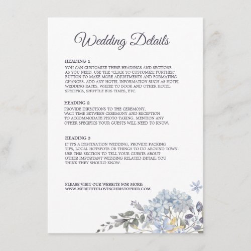 Dusty Blue Florals Wedding Details Enclosure Card