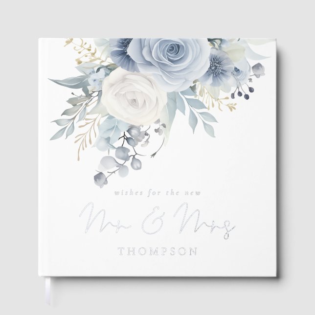 Dusty Blue Florals Wedding Foil Guest Book (Front)