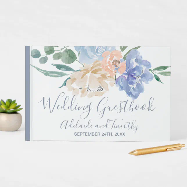 Dusty Blue Florals Wedding Guest Book Zazzle