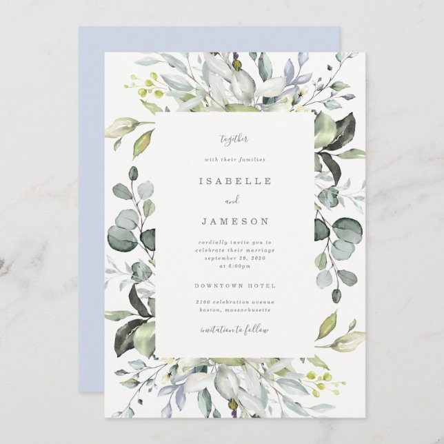 Dusty Blue Florals Wedding Invitation (Front/Back)