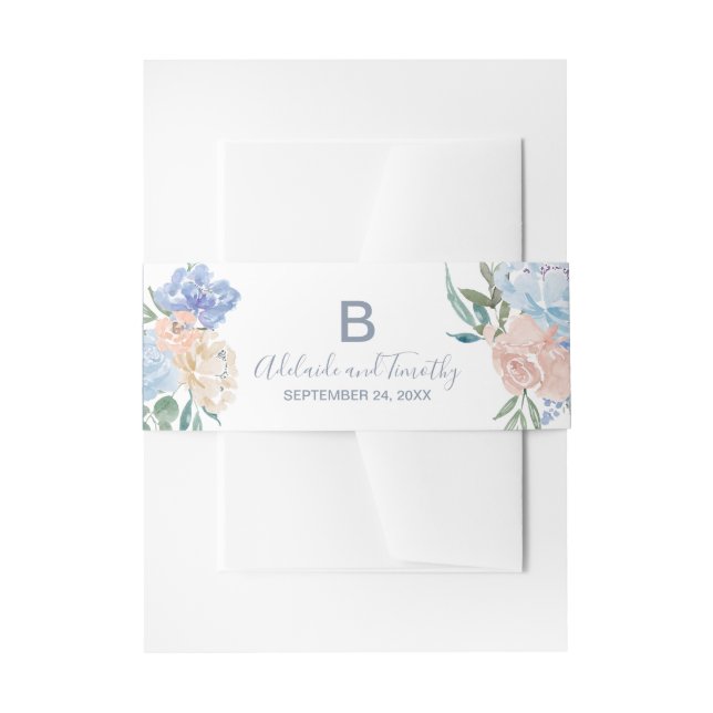 Dusty Blue Florals Wedding Invitation Belly Band (Front Example)