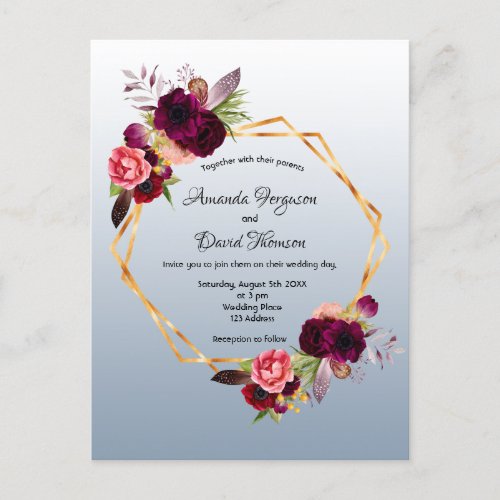 Dusty blue florals wedding invitation postcard