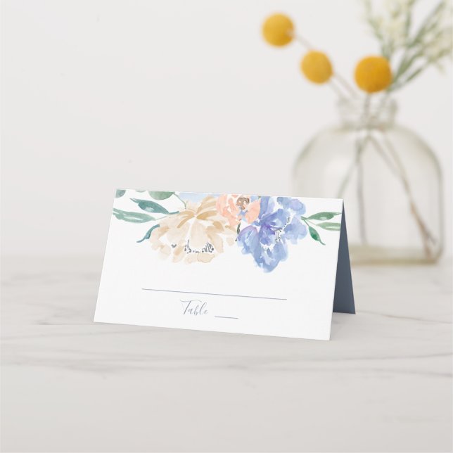 Dusty Blue Florals Wedding Place Card (Front)