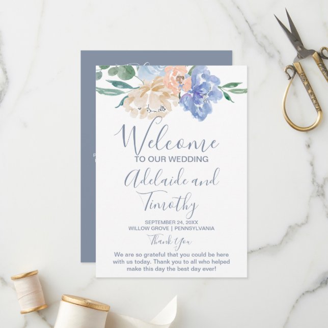 Dusty Blue Florals Wedding Program (Front/Back In Situ)