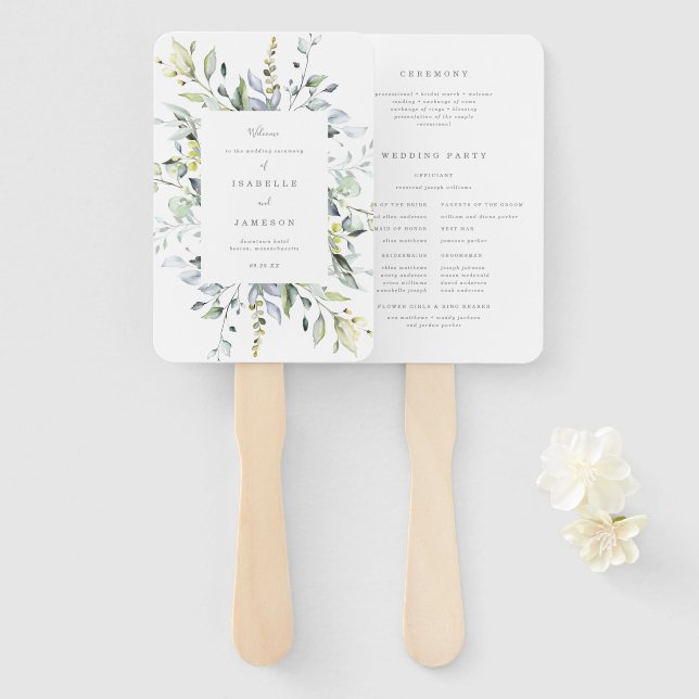 Dusty Blue Florals Wedding Program Fan (Front and Back)