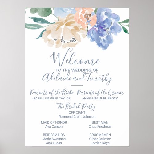 Dusty Blue Florals Wedding Program Poster