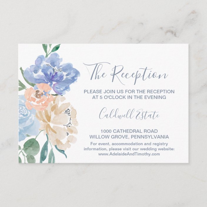 Dusty Blue Florals Wedding Reception Card Zazzle Com
