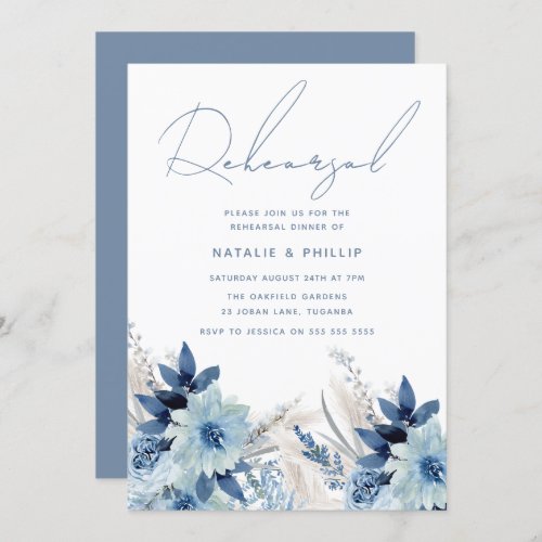 Dusty Blue Florals Wedding Rehearsal Dinner Invitation