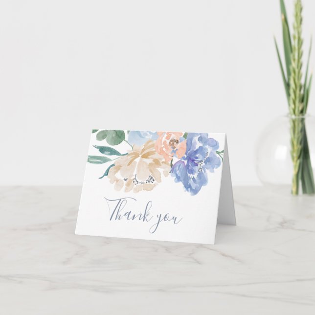 Dusty Blue Florals Wedding Thank You Card (Front)