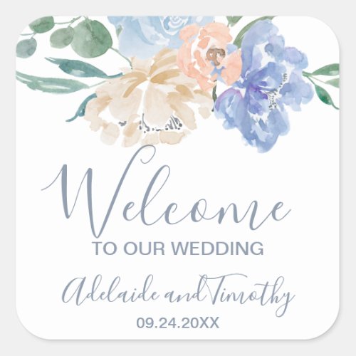 Dusty Blue Florals Wedding Welcome Square Sticker