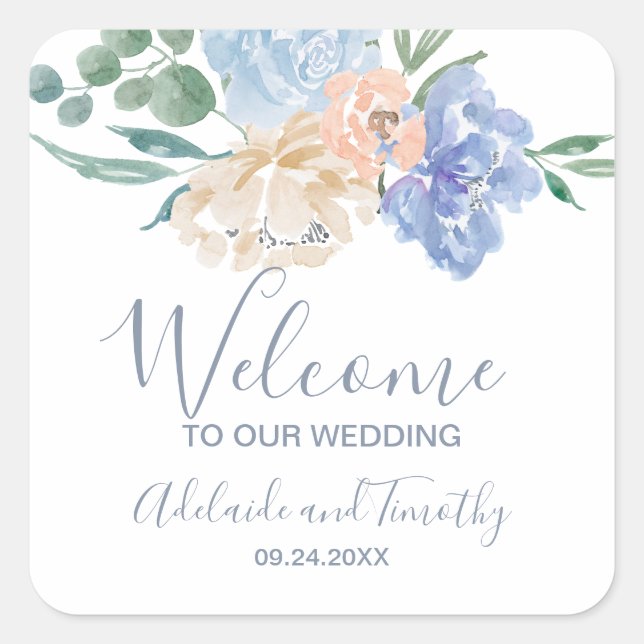 Dusty Blue Florals Wedding Welcome Square Sticker (Front)