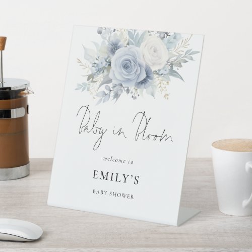 Dusty Blue Florals Welcome Baby in Bloom Shower Pedestal Sign