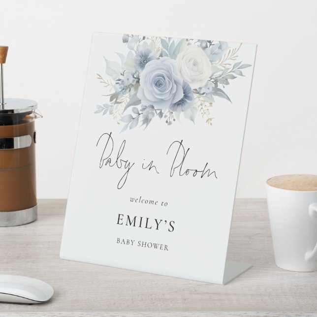 Dusty Blue Florals Welcome Baby in Bloom Shower Pedestal Sign (In SItu)