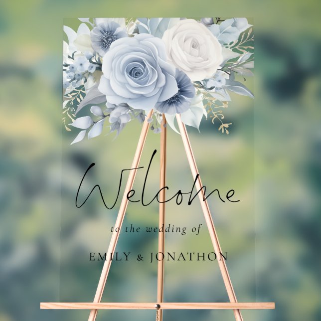 Dusty Blue Florals Welcome To Wedding Acrylic Sign (Neutral)