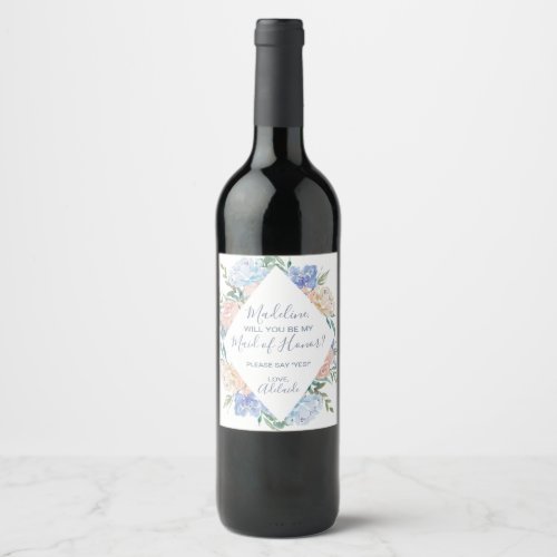 Dusty Blue Florals Will You Be My Bridesmaid Wine Label