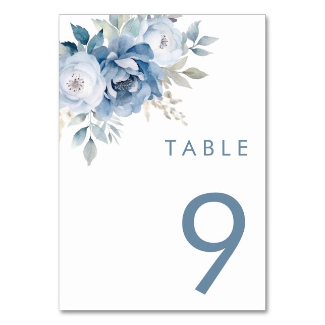 Dusty Blue Florals Winter Wedding Table Number (Front)