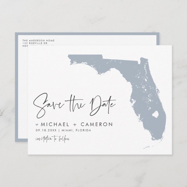 Dusty Blue Florida Map QR Code Save the Date Announcement Postcard (Front/Back)