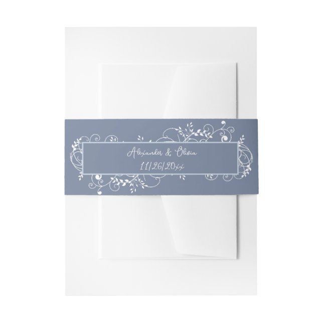 Dusty Blue Flourish Wedding Invitation Belly Band (Front Example)