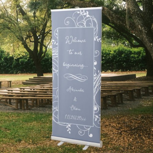 Dusty Blue Flourish Wedding Retractable Banner