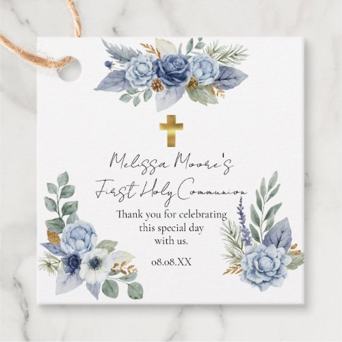 Dusty blue flower first baptism communion  favor tags