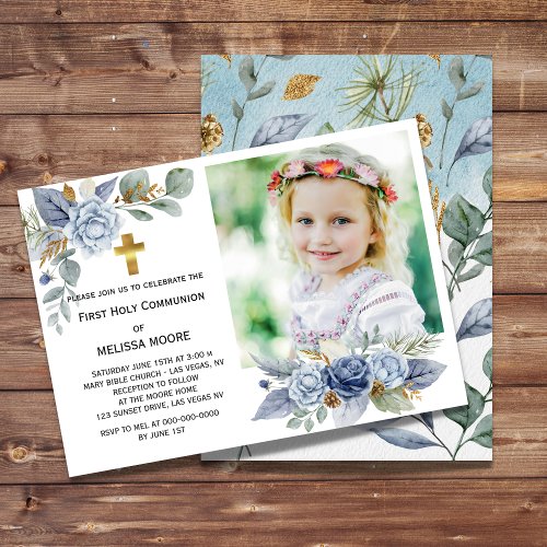 Dusty Blue Flower First Holy Communion Photo Invitation