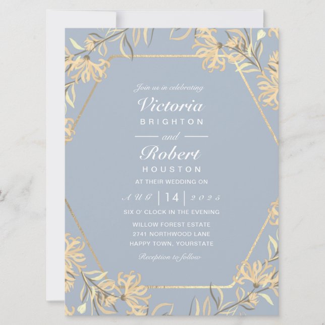 Dusty blue flower gold frame Wedding Invitations (Front)