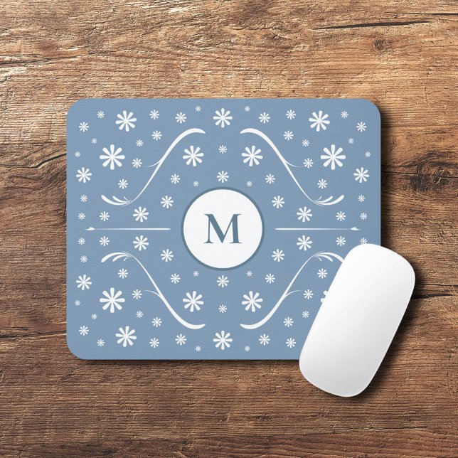 Dusty Blue Flower Power Monogram Mouse Pad (Dusty Blue Flower Power Monogram Mouse Pad)