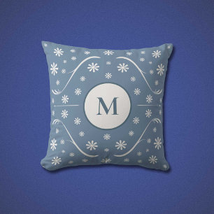 Dusty Blue Flower Power Monogram Pillow