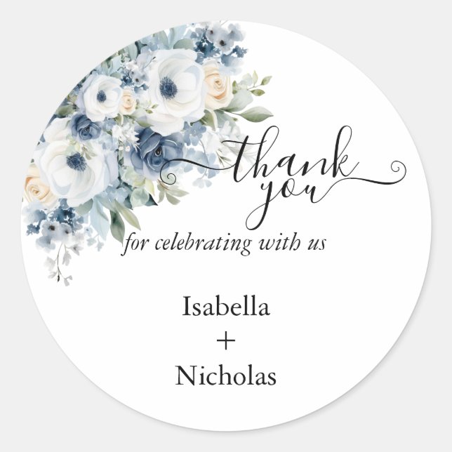 Dusty Blue Flower Thank you Classic Round Sticker (Front)