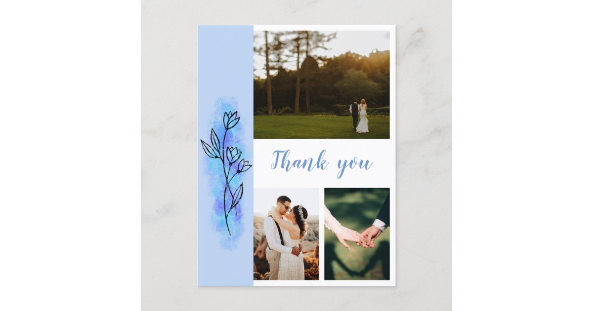 Dusty Blue Flower Thank You Photo Wedding Postcard | Zazzle