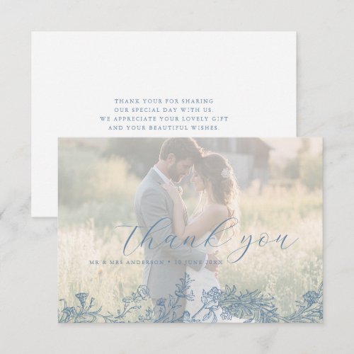 Dusty Blue Flower Wedding photo thank you Card