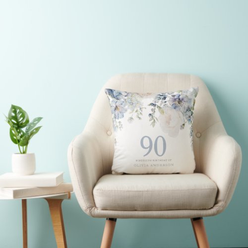 Dusty Blue Flowers 90th Birthday Party Gift Throw Pillow