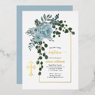 Dusty blue flowers and arch floral baptism gold foil invitation