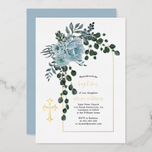 Dusty blue flowers and arch floral baptism gold foil invitation