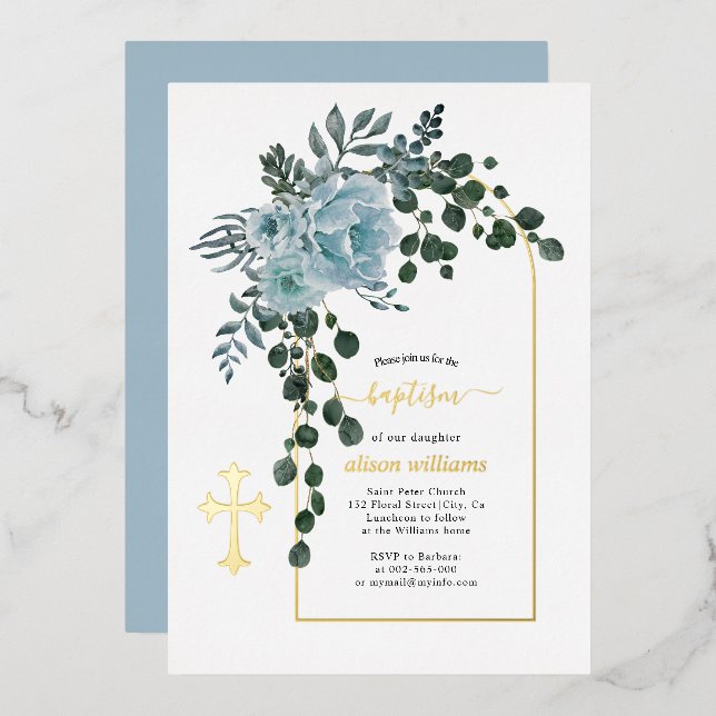 Dusty blue flowers and arch floral baptism gold foil invitation (Front/Back)