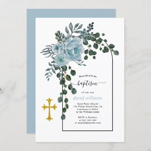 Dusty blue flowers and arch floral baptism invitat invitation