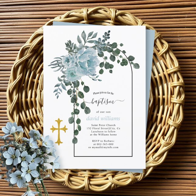 Dusty blue flowers and arch floral baptism invitat invitation (Creator Uploaded)