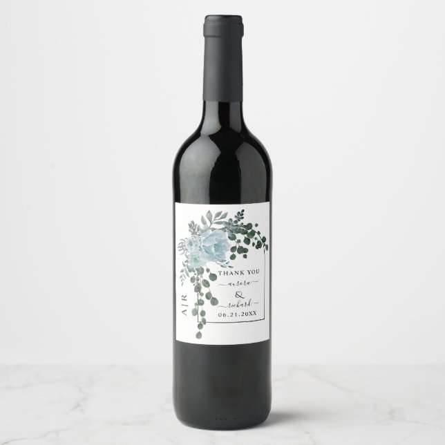 Dusty blue flowers and arch Thank You wedding Wine Label (Front)