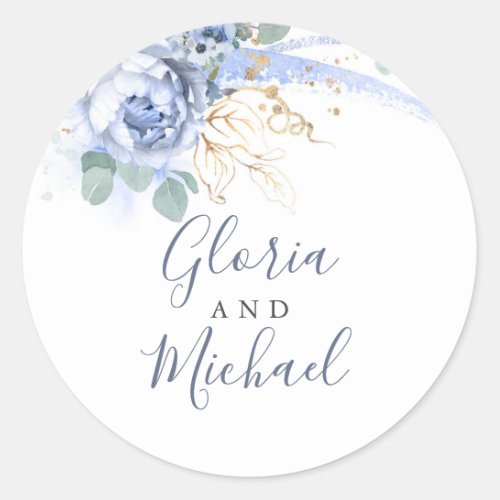 Dusty Blue Flowers and Gold Greenery Classic Round Sticker