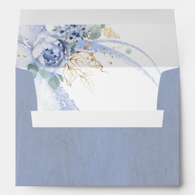 Dusty Blue Flowers and Gold Greenery Elegant Envelope (Back (Bottom))