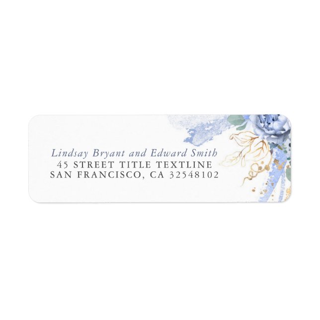 Dusty Blue Flowers and Gold Greenery Elegant Label (Front)