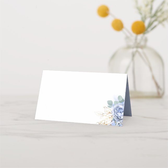 Dusty Blue Flowers and Gold Leaves Greenery Boho Place Card (Front)