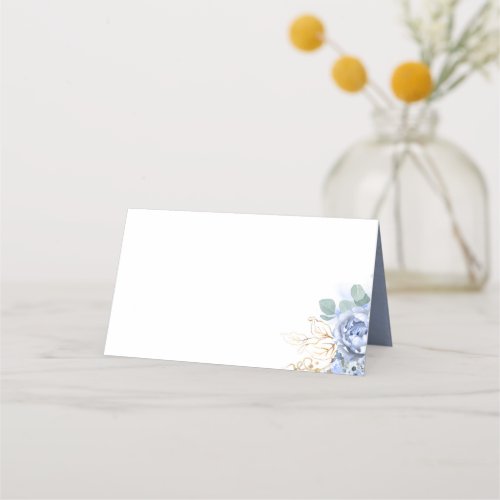 Dusty Blue Flowers and Gold Leaves Greenery Boho Place Card